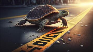 Schildkröten Rennen zu erreichen das Fertig Linie mit generativ ai. foto
