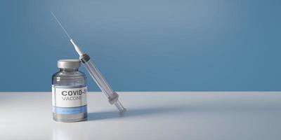 Coronavirus-Impfstoff und Spritze auf einem weißen Tisch mit blauem Hintergrund, 3D-Rendering