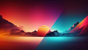 generativ ai, schön Landschaft mit Sonne und Berge, im modisch 80er Jahre 90er Jahre Farben, horizontal Hintergrund. abstrakt Gradient Hintergrund foto