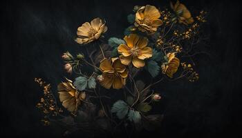 generativ ai, schließen oben von Blühen Blumenbeete von tolle Gelb Blumen auf dunkel launisch Blumen- texturiert Hintergrund. fotorealistisch Wirkung. foto