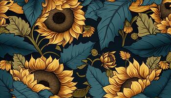 generativ ai, Blumen- bunt Muster. Wilhelm morris inspiriert natürlich Pflanzen und Sonnenblumen Hintergrund, Jahrgang Illustration. Laub ukrainisch Ornament. foto
