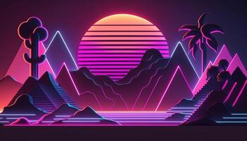 generativ ai, retro Stil, nostalgisch 80er, 90er. Nacht Landschaft, Sonnenuntergang Farben, Scifi, Retrowave Jahrgang Illustration. Sonne, Berge, Straße und Bäume. Digital retro Cyber Oberfläche. foto