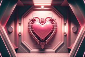 generativ ai, futuristisch Raum Schiff Zimmer mit Rosa Herz im Cyberpunk Stil Illustration. Liebe, Gefühle, romantisch st. Valentinstag Tag Konzept. Science-Fiction, realistisch 3d Wirkung. foto