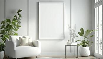 generativ ai, realistisch Weiß Poster spotten oben beim Zuhause Innere, Weiß Mauer Hintergrund foto
