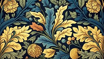 generativ ai, Blumen- Gelb, Blau, Grün Farben Muster. Wilhelm morris inspiriert natürlich Pflanzen und Blumen Hintergrund, Jahrgang Illustration. Laub Ornament. foto