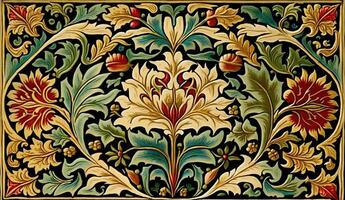 generativ ai, Blumen- bunt islamisch Arabisch Muster. Wilhelm morris inspiriert natürlich Pflanzen und Blumen Hintergrund, Jahrgang Illustration. Laub Ornament. foto