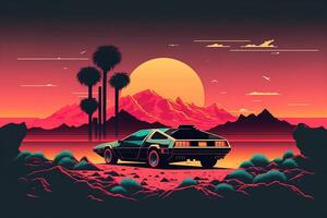 generativ ai, retro Auto im retro Stil, nostalgisch 80er, 90er. Nacht Landschaft, Sonnenuntergang Farben, Scifi, Retrowave Jahrgang Illustration. Sonne, Palmen, Berge und Wüste. Transport, Automobil Konzept. foto