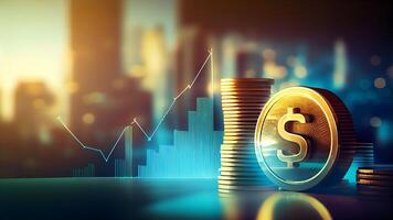 Münzen mit Handel Diagramm im finanziell Konzepte mit Wachstum finanziell Daten Konzept oder Investition Markt profitieren Bar und Erfolg Markt Lager Technologie Währung Bericht mit generativ ai foto