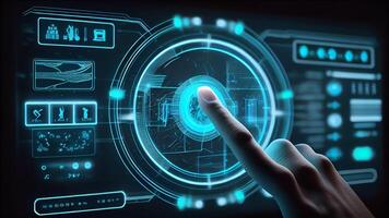 Person Hand berühren Komplex Kuchen Diagramm auf virtuell Bildschirm mit Kopieren Raum mit generativ ai Technologie. foto