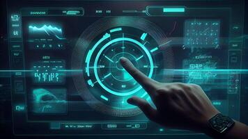 Person Hand berühren Komplex Kuchen Diagramm auf virtuell Bildschirm mit Kopieren Raum mit generativ ai Technologie. foto