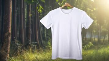 generativ ai, realistisch Weiß T-Shirt spotten oben leer auf Hintergrund mit Pflanzen zum Präsentation Werbung. leer Geschäft Konzept, Camping, draussen und Wald foto