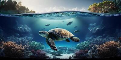 Schildkröte Paradies, Schwimmen unter Koralle Riffe . ai generiert foto