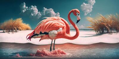 Flamingo auf Rosa Sand Strand, ai generiert foto