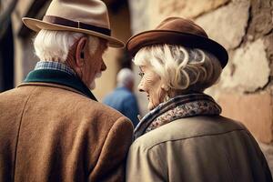 zurück Aussicht von ein Alten Paar draußen. Alten Mann und Frau sind Gehen zusammen, haben romantisch Beziehung. glücklich alt Alter. erstellt mit generativ ai foto