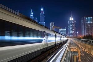 modern hoch Geschwindigkeit Zug beim Nacht. schnell Zug im Stadt mit Bewegung verwischen Wirkung, Öffentlichkeit Transport. Eisenbahn Transport. erstellt mit generativ ai foto