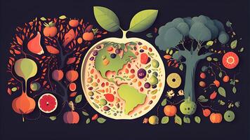 natürlich Illustration Design von Obst Salat mit Wassermelone, Grün Blätter, und Bäume. generativ ai. foto