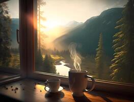 Morgen Tee mit ein Sicht, genießen ein Tasse von heiß Tee mit ein Berg Landschaft durch das Fenster, ai generiert foto
