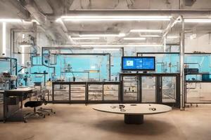 futuristisch Innere Design Labor Labor Server Zimmer mit Neon- Licht, generativ Kunst durch ai foto