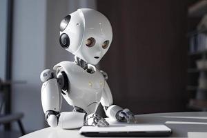 süß künstlich Intelligenz Roboter mit Notizbuch foto