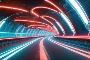 futuristisch Tunnel Hallo Geschwindigkeit Zug Eisenbahn mit Neon- Licht, generativ Kunst durch ai foto