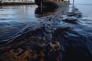 Öl Leck von Schiff , Öl verschütten Verschmutzung verschmutzt Wasser Oberfläche Wasser Verschmutzung wie ein Ergebnis von Mensch Aktivitäten foto