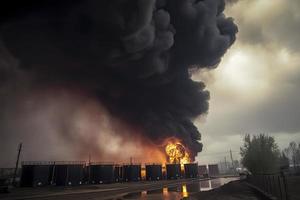 Öl Lager Feuer. das Panzer Bauernhof ist Verbrennung, schwarz Rauch foto