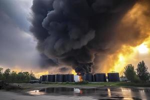 Öl Lager Feuer. das Panzer Bauernhof ist Verbrennung, schwarz Rauch foto