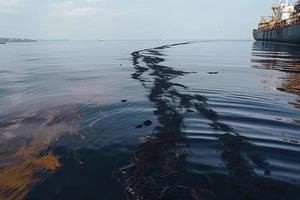 Öl Leck von Schiff , Öl verschütten Verschmutzung verschmutzt Wasser Oberfläche Wasser Verschmutzung wie ein Ergebnis von Mensch Aktivitäten foto