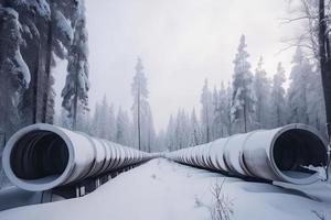 enorm industriell Pipelines von zentral Heizung System. Schnee auf Rohre foto