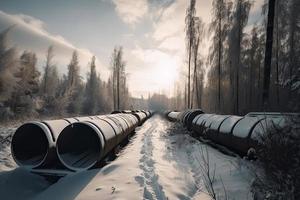 enorm industriell Pipelines von zentral Heizung System. Schnee auf Rohre foto