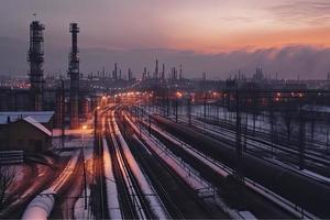 Stahl lange Rohre im roh Öl Fabrik während Sonnenuntergang foto