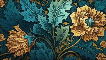 generativ ai, Blumen- Gelb, Blau, Grün Farben Muster. Wilhelm morris inspiriert natürlich Pflanzen und Blumen Hintergrund, Jahrgang Illustration. Laub Ornament. foto