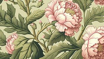 generativ ai, Blumen- bunt Muster. Wilhelm morris inspiriert natürlich Pflanzen und Rosa Pfingstrose Blumen Hintergrund, Jahrgang Illustration. Laub Ornament. foto