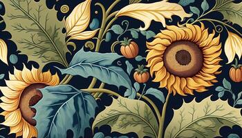 generativ ai, Blumen- bunt Muster. Wilhelm morris inspiriert natürlich Pflanzen und Sonnenblumen Hintergrund, Jahrgang Illustration. Laub ukrainisch Ornament. foto