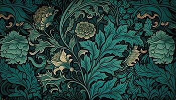 generativ ai, Blumen- blaugrün, Grün Blau Muster. Wilhelm morris inspiriert natürlich Pflanzen und Blumen Hintergrund, Jahrgang Illustration. Laub Ornament. foto