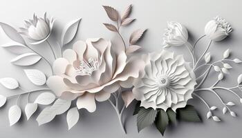 generativ ai, Papier Schnitt Kunst Blumen und Blätter, Weiß Farbe, Blumen- Origami texturiert Hintergrund, Frühling Stimmung. fotorealistisch Wirkung. foto