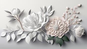 generativ ai, Papier Schnitt Kunst Blumen und Blätter, Weiß Farbe, Blumen- Origami texturiert Hintergrund, Frühling Stimmung. fotorealistisch Wirkung. foto