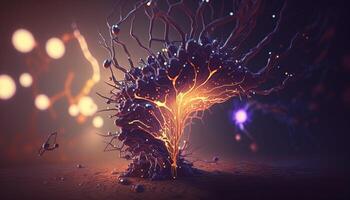 generativ ai, konzeptionelle Illustration von Neuron Zellen mit glühend Verknüpfung Knoten im abstrakt dunkel Raum, hoch Auflösung. Mensch nervös System foto