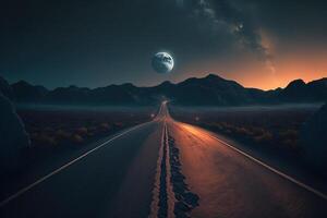 generativ ai, Landschaft, Nacht einsam Straße mit hell voll Mond scheint runter, Berge, Wüste. fotorealistisch horizontal Illustration, Asphalt Straße, Wildnis Bereich foto