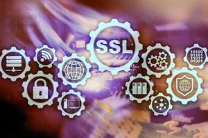 SSL Secure Sockets Layer-Konzept. kryptografische Protokolle bieten eine sichere Kommunikation. Serverraum-Hintergrund foto