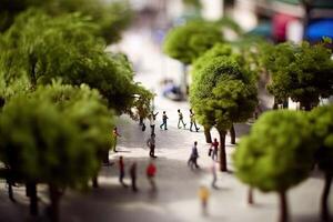 Menschen Gehen beim Park mit Grün Bäume im Stadt. Modell- von Stadt Straße im Miniatur, Neigung Schicht. erstellt mit generativ ai foto