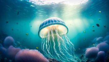 Qualle Schwimmen im tief Meer, generativ ai foto