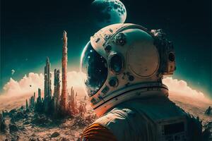 futuristisch Astronaut Stehen auf das Mond mit Neu Stadt, generativ ai foto