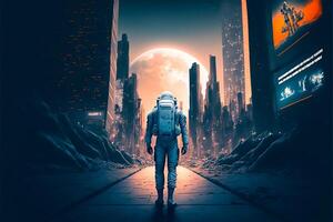 futuristisch Astronaut Stehen auf das Mond mit Neu Stadt, generativ ai foto