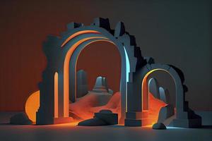 abstrakt Neon- Hintergrund mit glühend Bogen und Stein Ruinen, Vitrine zum Produkt Präsentation foto