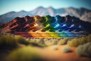 generativ ai, Berge Landschaft, bunt Regenbogen Hügel, schön Landschaft.. Natur Illustration, fotorealistisch Neigung Verschiebung horizontal Banner. foto