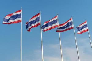 das National Flaggen von Thailand flattern gegen ein Blau Himmel. foto