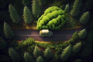 Auto Fahren auf ein kurvig Straße auf ein Berg im ein Wald foto