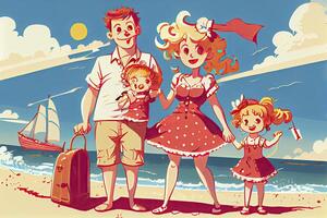 Familie auf Sommer- Ferien Konzept. Eltern Paar und Kinder Gehen auf Strand foto