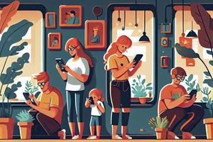 Familie mit Smartphones und Tablets, Eltern und Kinder mit Telefone. Sozial Medien Sucht foto